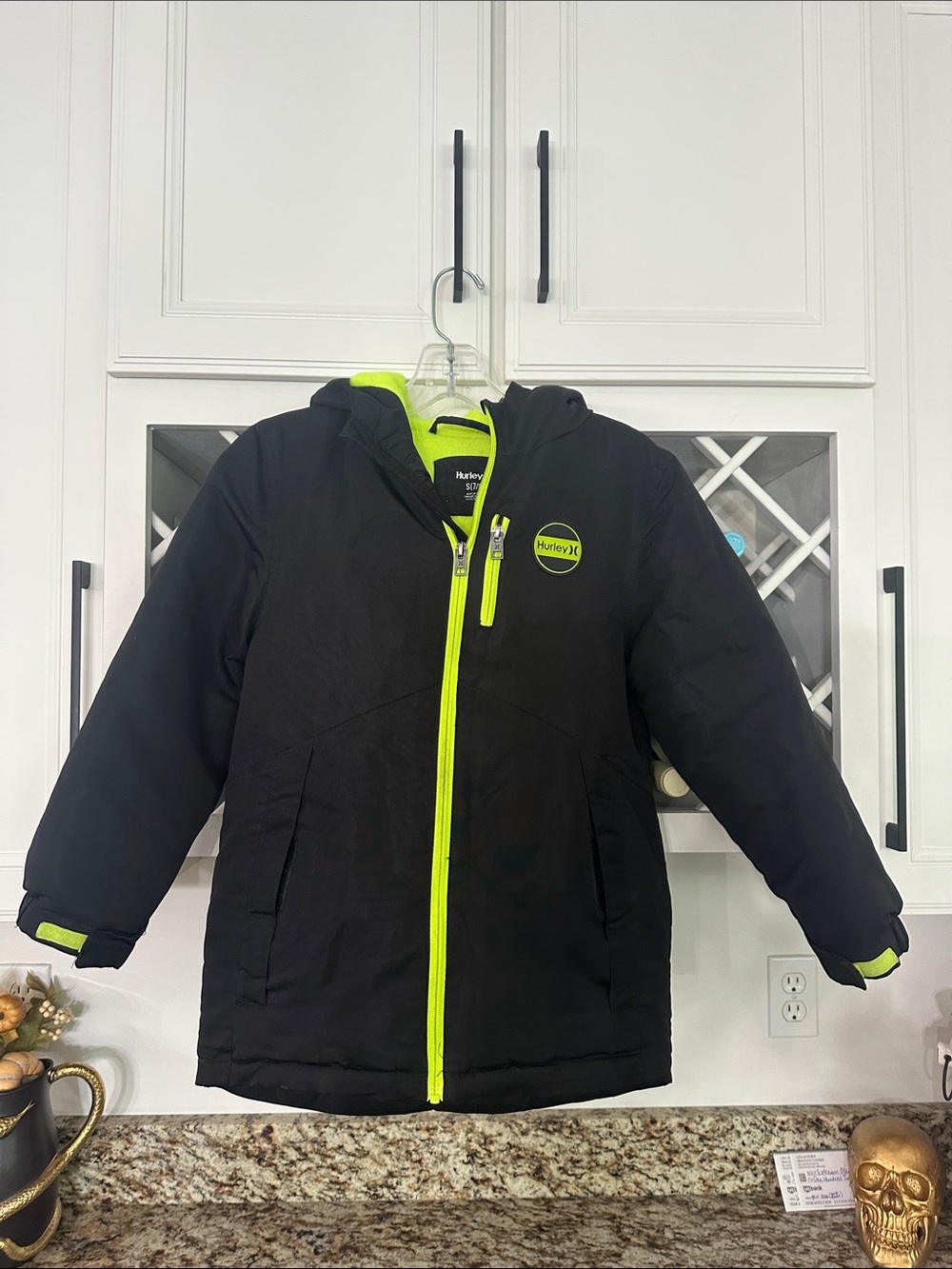 Hurley Black Puffer Jacket with Neon Yellow Trim - Kids